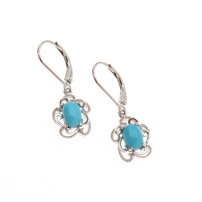 925 Sterling Silver Real Sleeping Beauty Turquoise Floral Dangle Earrings