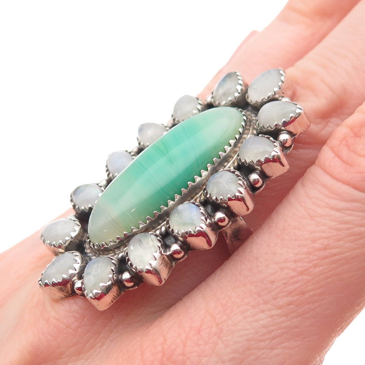 925 Sterling Silver Vintage Real Agate & Moonstone Statement Ring Size 7.25