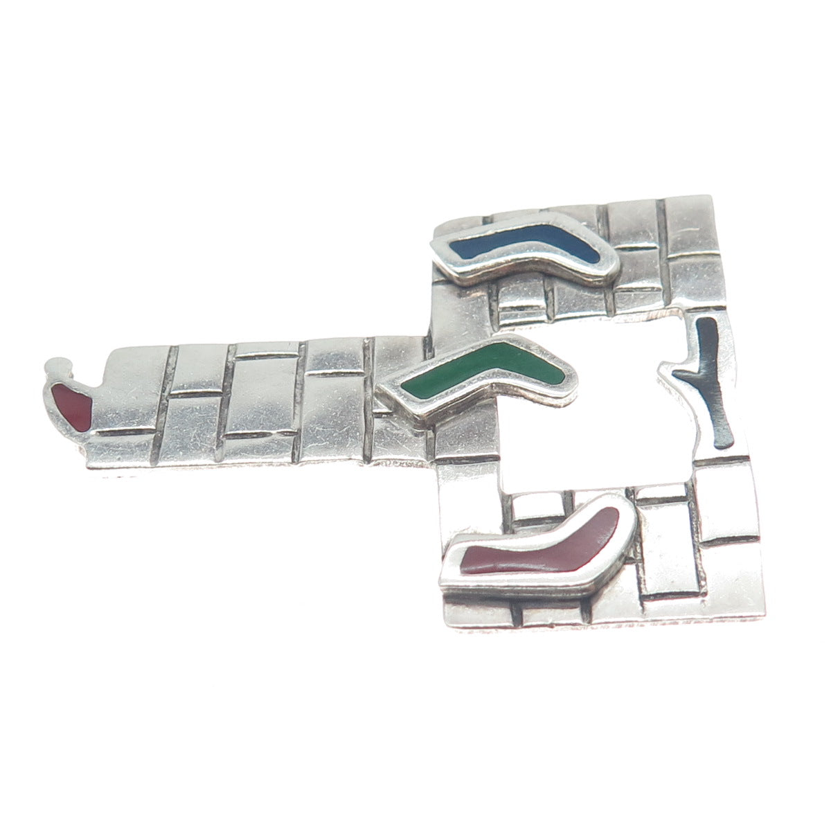 925 Sterling Silver Vintage AHD Mexico Enamel Christmas Fireplace Pin Brooch