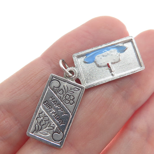 WELLS 925 Sterling Silver Antique Enamel "Happy Birthday" Floral Cake Pendant