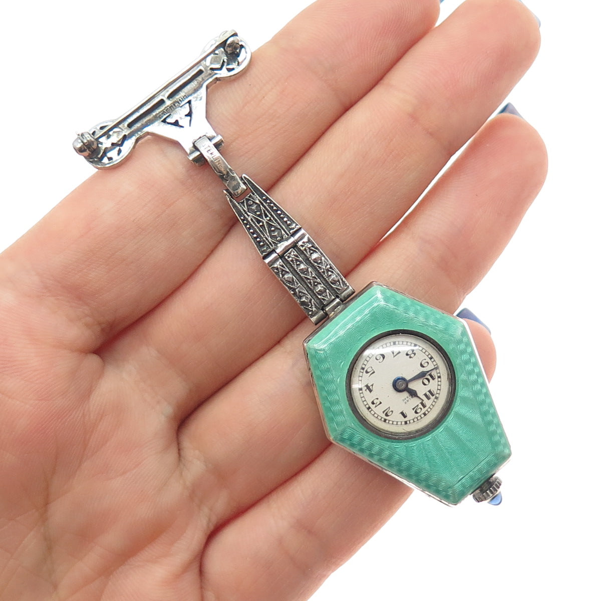 Ahrens Lucerne Sterling Antique Sapphire Marcasite Watch Pin (missing 2 stones)