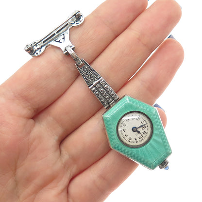 Ahrens Lucerne Sterling Antique Sapphire Marcasite Watch Pin (missing 2 stones)