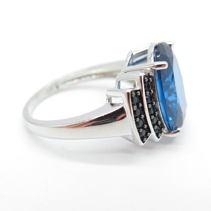 925 Sterling Silver Oval-Cut Ocean Blue C Z & Black Spinel Ring Size 7