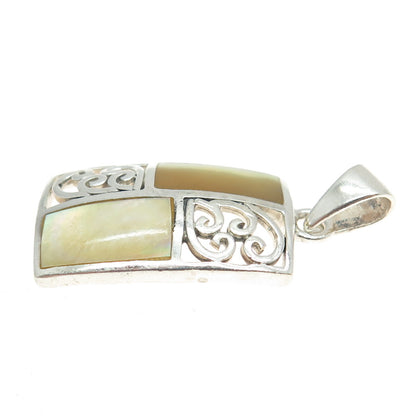 925 Sterling Silver Vintage Real Cream Mother-of-Pearl Ornate Swirl Pendant
