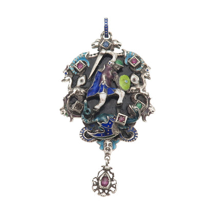 Antique Austro-Hungarian Silver Enamel Multi-Color Gem Pendant (missing 1 stone)
