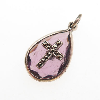 925 Sterling Silver Antique Art Deco Real Amethyst Marcasite Cross Mini Pendant