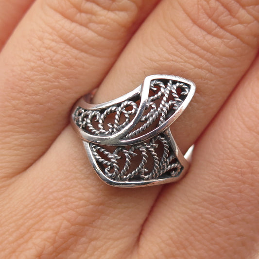 925 Sterling Silver Vintage Modernist Filigree Oxidized Ring Size 7