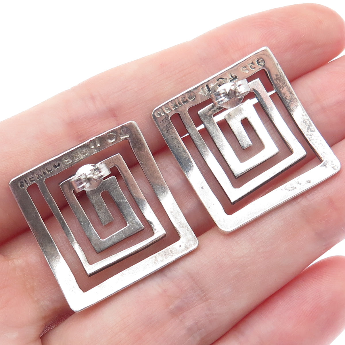 925 Sterling Silver Vintage Mexico Mayan Spiral Maze Earrings