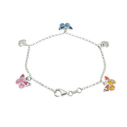 925 Sterling Silver Enamel Butterfly & Heart Charm Rolo Link Bracelet 7"