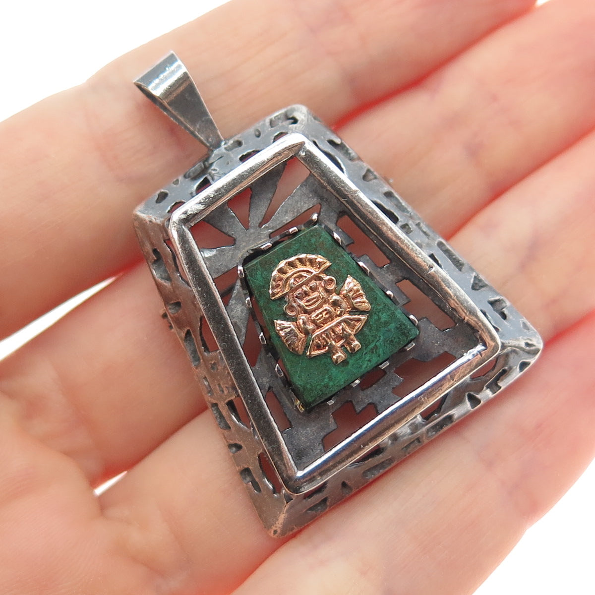 925 Sterling Silver 18K Gold Vintage Peru Azurite God Oxidized Brooch Pendant