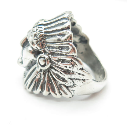 925 Sterling Silver Vintage Indian Chief Tribal Wide Ring Size 7.75