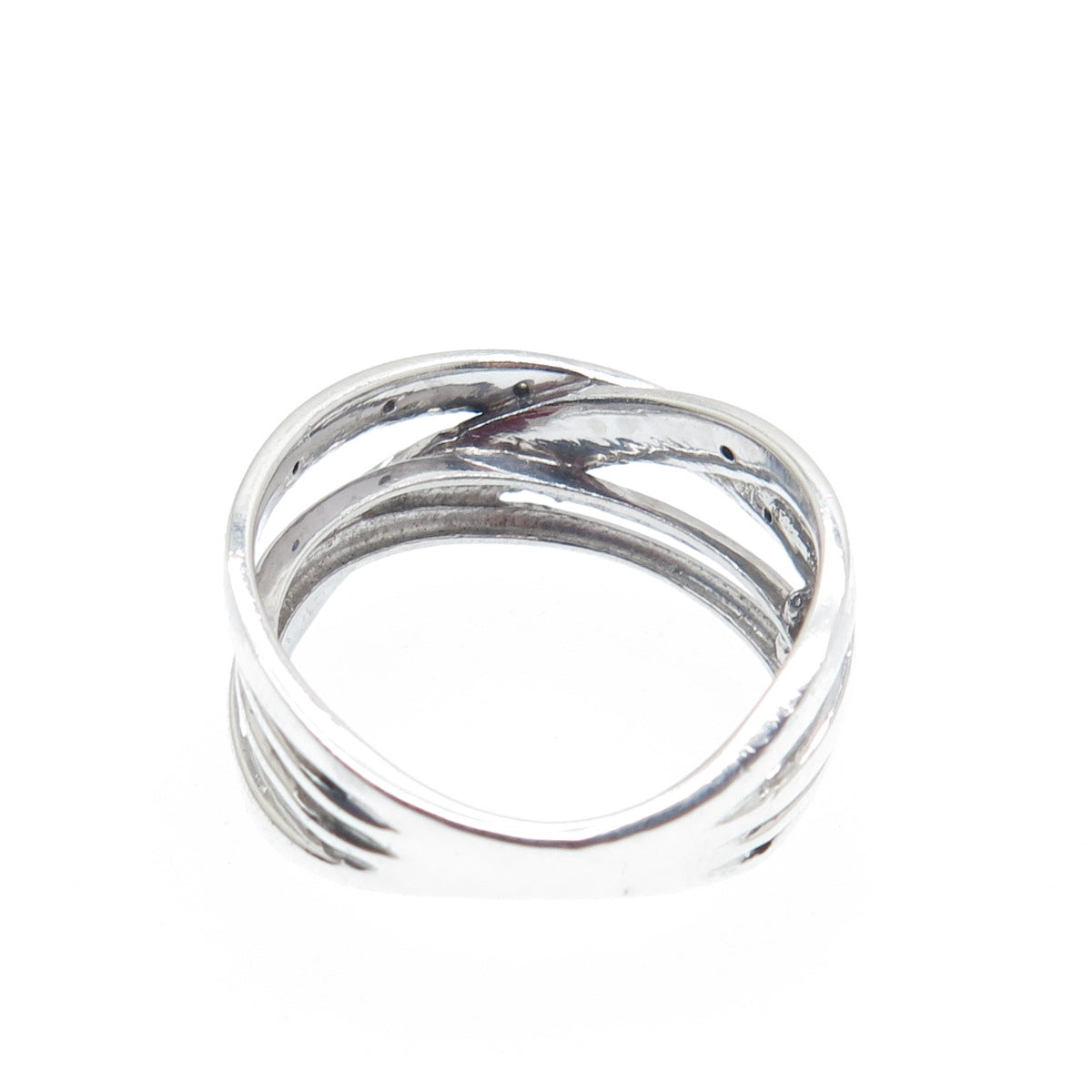 925 Sterling Silver Real Round-Cut Black & White Diamond Crisscross Ring Size 7