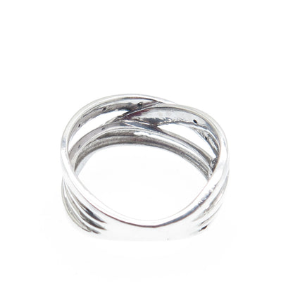 925 Sterling Silver Real Round-Cut Black & White Diamond Crisscross Ring Size 7
