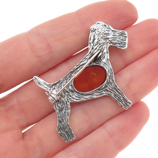 925 Sterling Silver Vintage Real Amber Airedale Terrier Dog Oxidized Pin Brooch