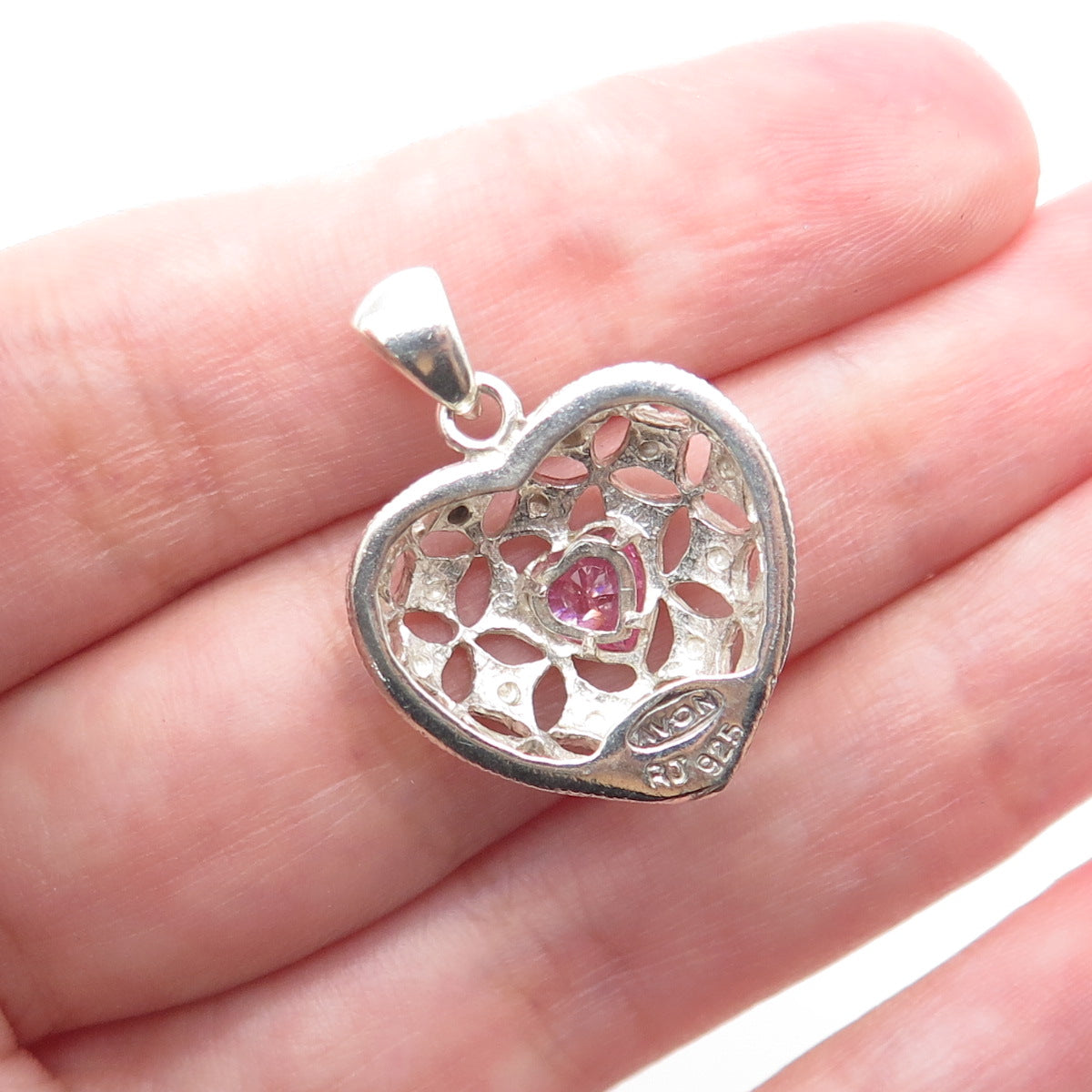 AVON 925 Sterling Silver Vintage Pink C Z Heart Charm Pendant