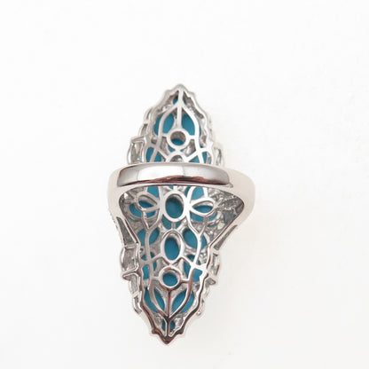 D'Joy 925 Sterling 2-Tone Real Sleeping Beauty Turquoise White Topaz Ring Size 8