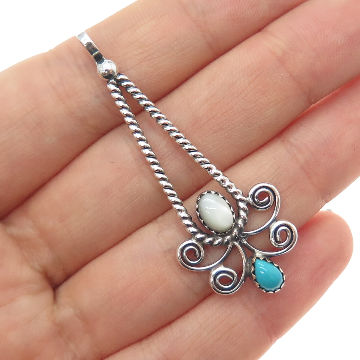 Frank Yazzie Navajo Old Pawn 925 Sterling Silver Vintage Turquoise & MOP Pendant