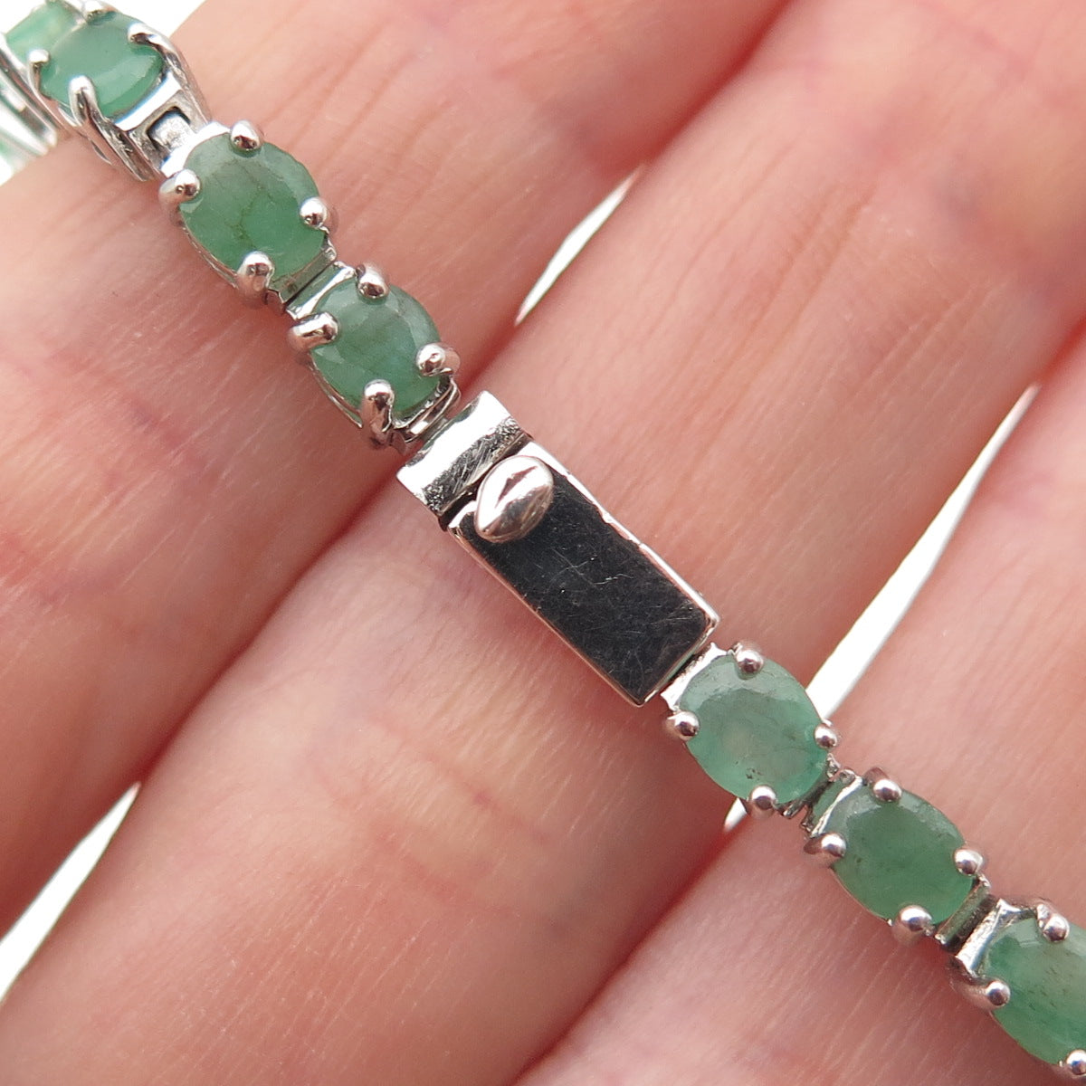 925 Sterling Silver Vintage Real Oval-Cut Emerald Bracelet 7"
