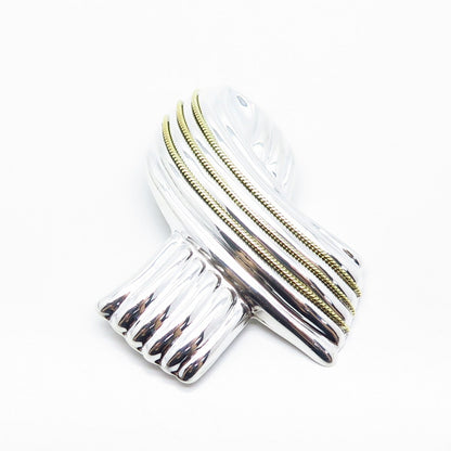 925 Sterling Silver 2-Tone Vintage Mexico Ribbon Pin Brooch / Pendant
