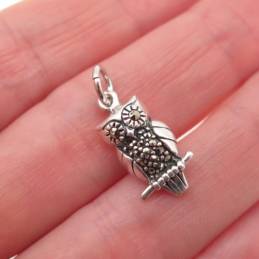 925 Sterling Silver Vintage Real Marcasite Wise Owl Bird Mini Charm Pendant