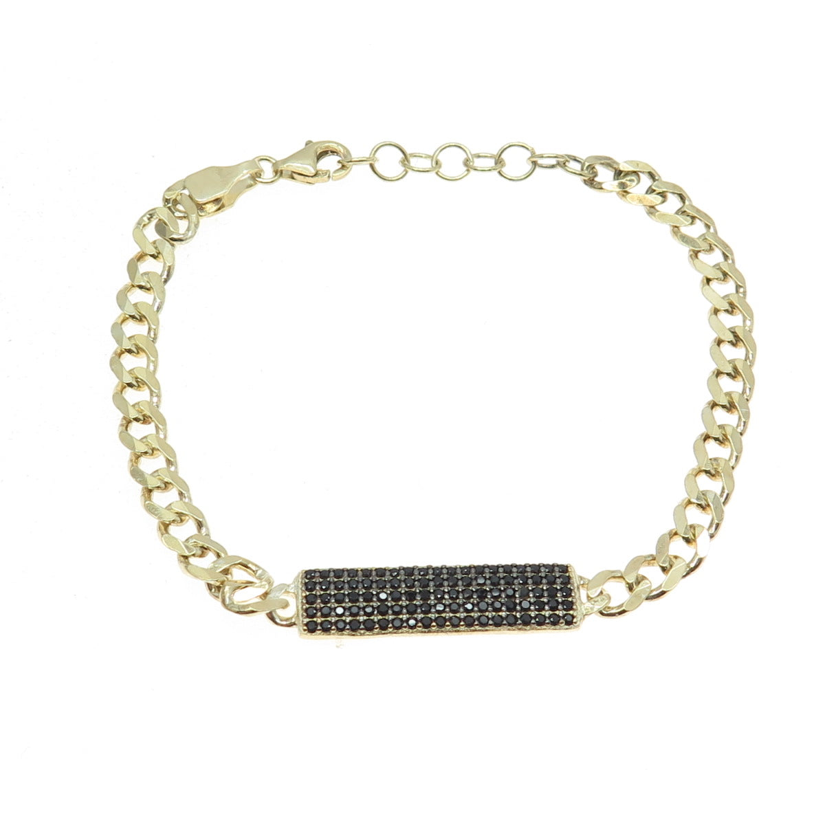 925 Sterling Silver Gold Plated Round-Cut Black Spinel Curb Link ID Bracelet 7"