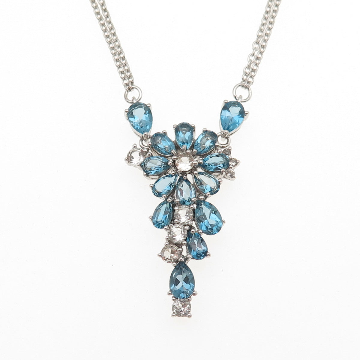 JACKSON HOLE Sterling Real Swiss Blue & White Topaz Double Chain Necklace 18"