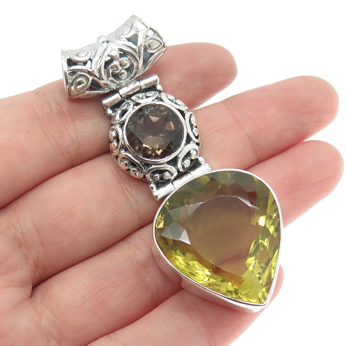 925 Sterling Silver Vintage Real Smoky Quartz & Citrine Gem Ornate Slide Pendant