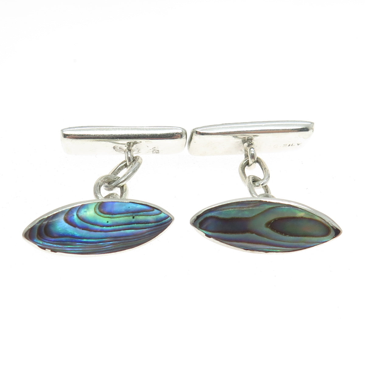 925 Sterling Silver Antique Art Deco Real Abalone Shell Chain Cufflinks