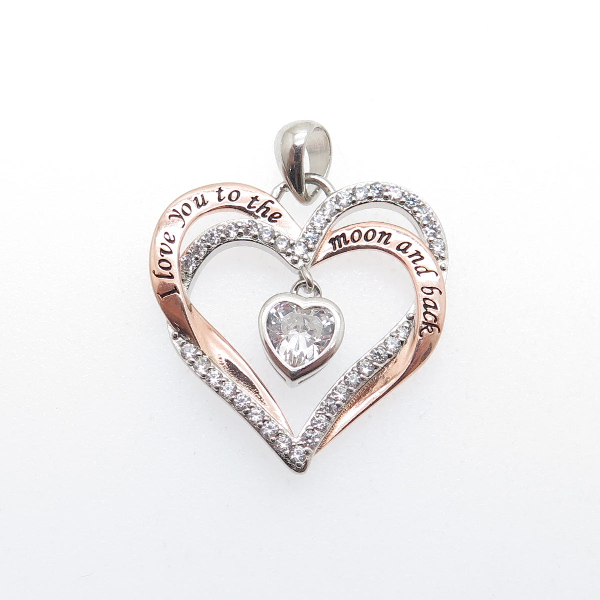 925 Sterling Silver 2-Tone C Z I Love You To The Moon & Back Heart Charm Pendant