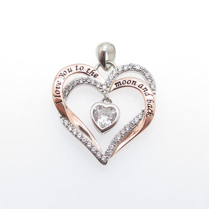 925 Sterling Silver 2-Tone C Z I Love You To The Moon & Back Heart Charm Pendant