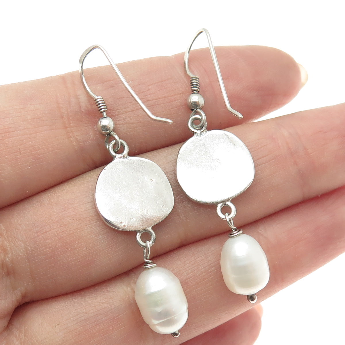 925 Sterling Silver Vintage Real Pearl Tribal Face Dangle Hook Earrings