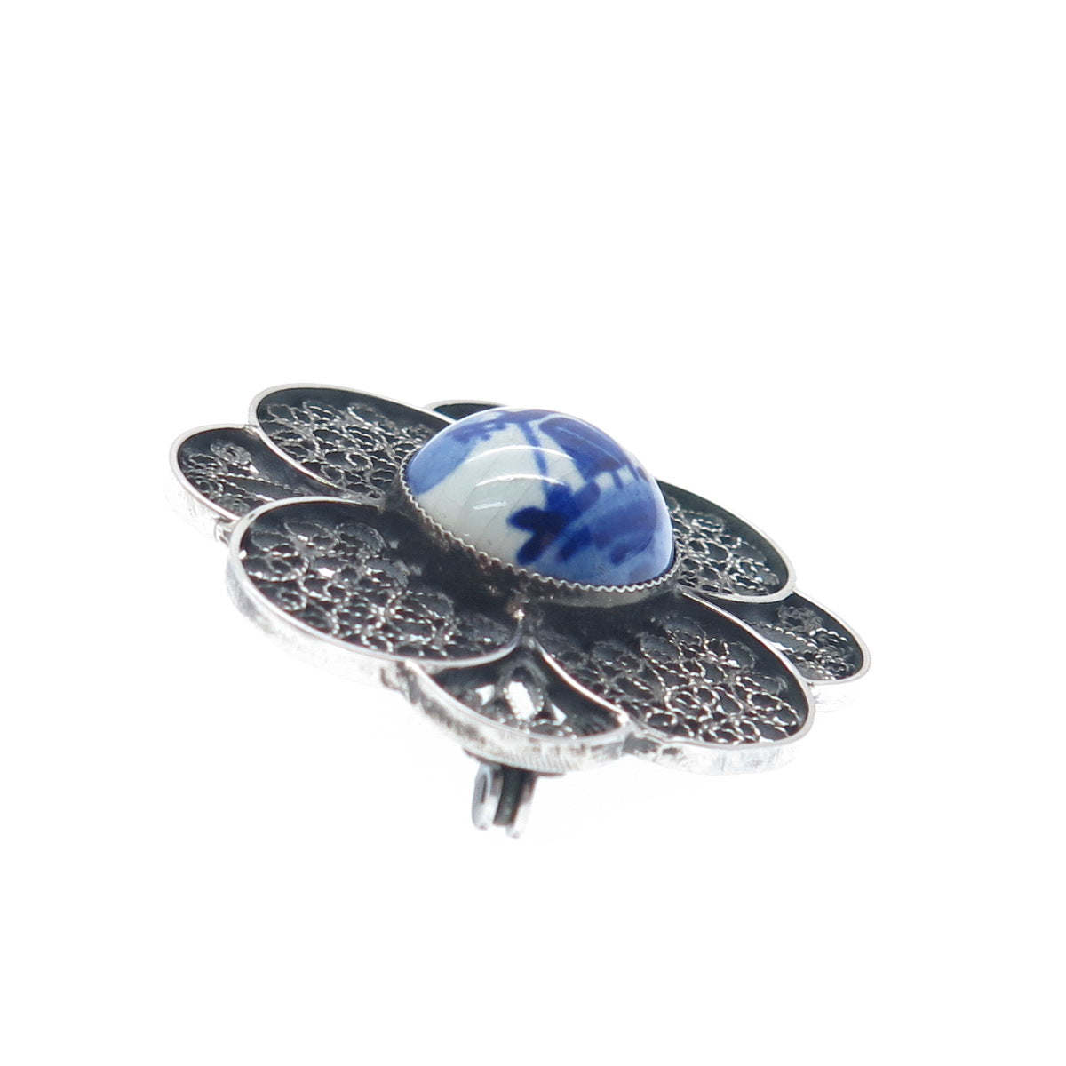 DELFT 835 Silver Vintage Netherlands Ceramic Old Mill Filigree Pin Brooch