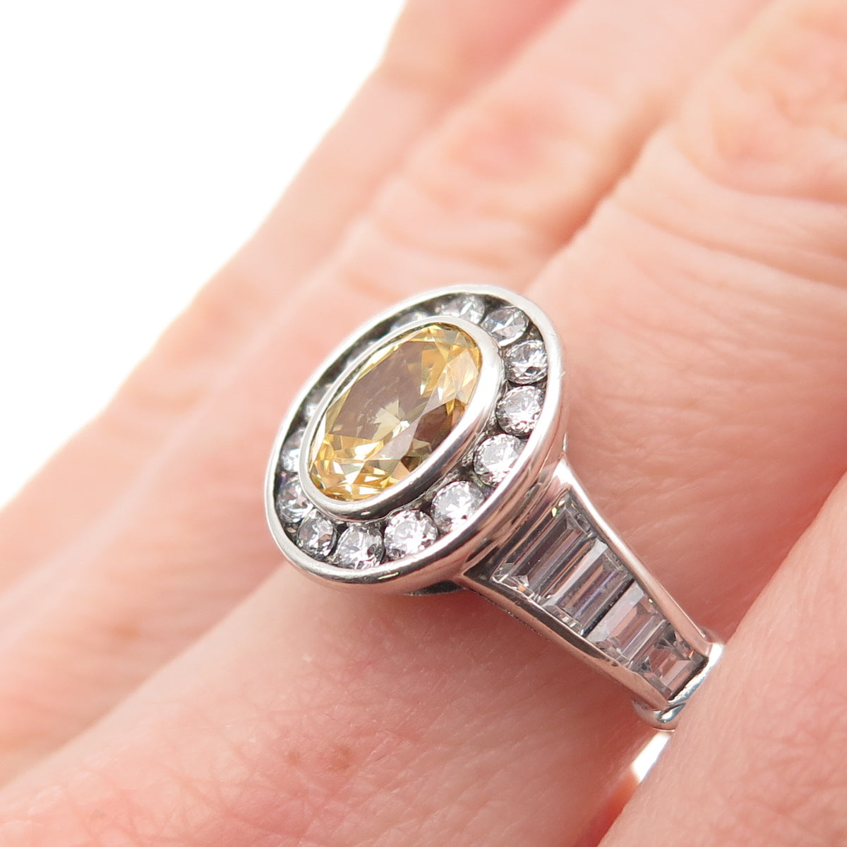 925 Sterling Silver Real Oval-Cut Citrine & C Z Ring Size 8