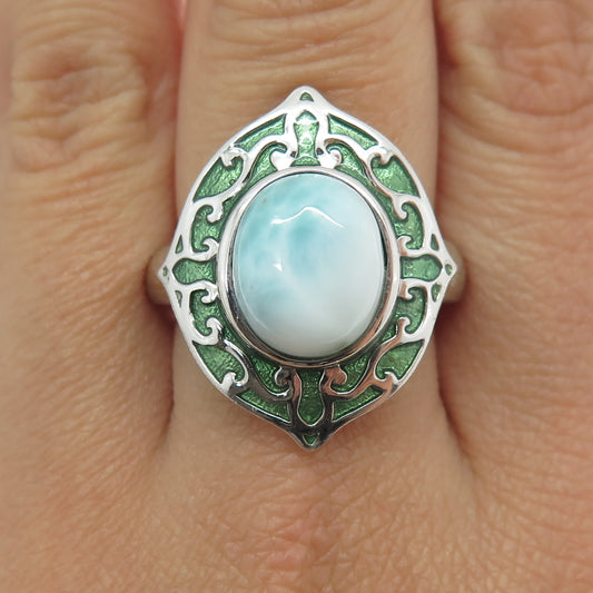 925 Sterling Silver Enamel Real Larimar Ring Size 9