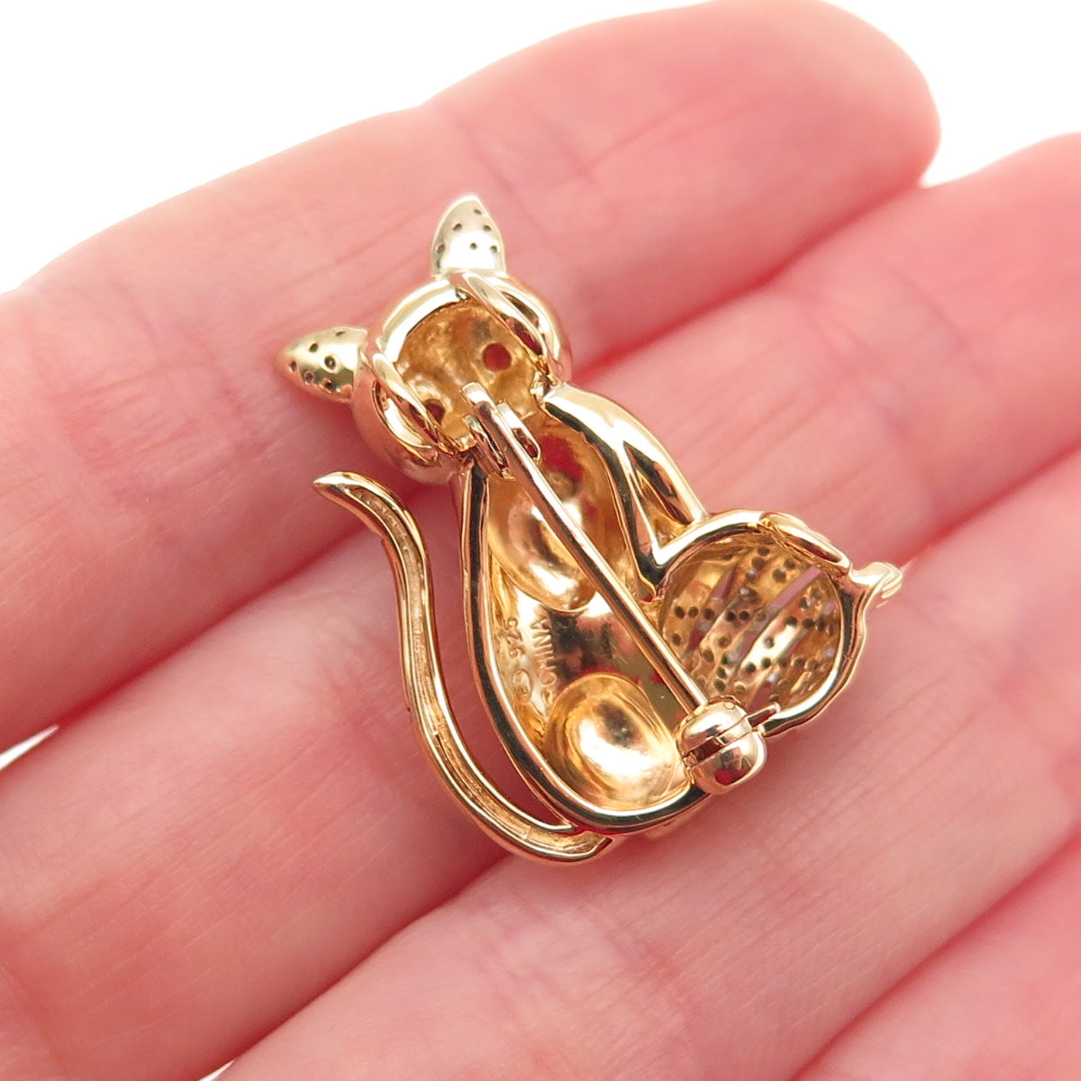 925 Sterling Gold Plated Real Diamond Red Garnet Cat Heart Brooch Slide Pendant