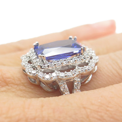 DSMK 925 Sterling Blue Radiant-Cut & White Round-Cut Shaped C Z Ring Size 7