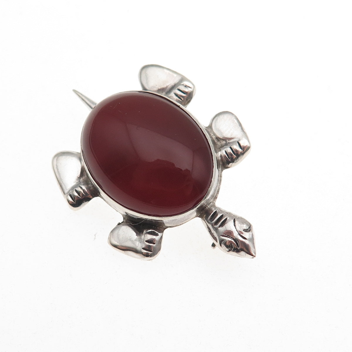 925 Sterling Silver Vintage Real Carnelian Turtle Oxidized Pin Brooch