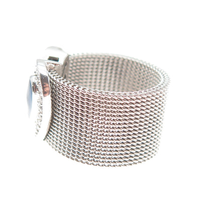 925 Sterling Silver Enamel & Round-Cut C Z Heart Mesh Ring Size 8.25