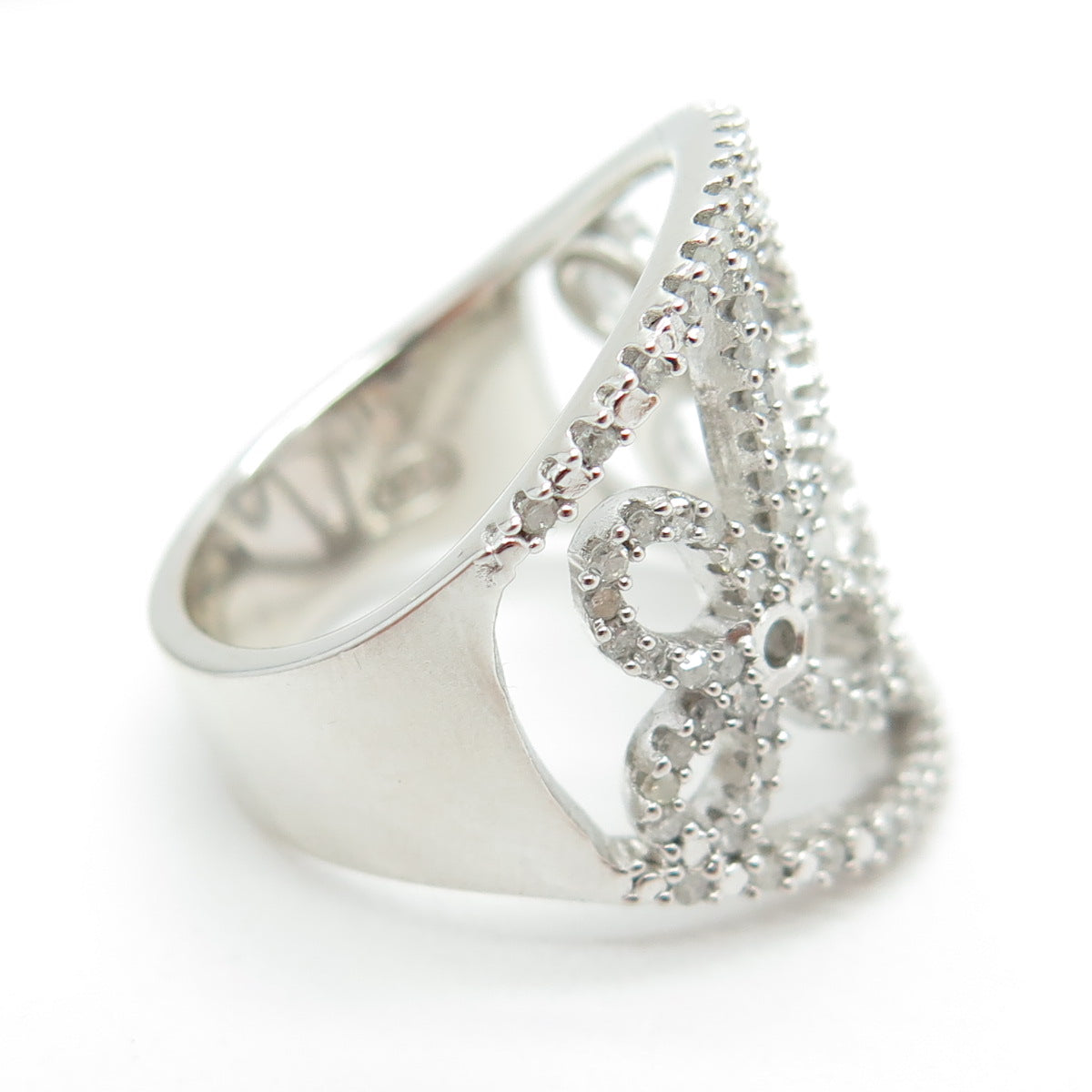 925 Sterling Silver Real Round-Cut Diamond Floral Cross Ring Size 7