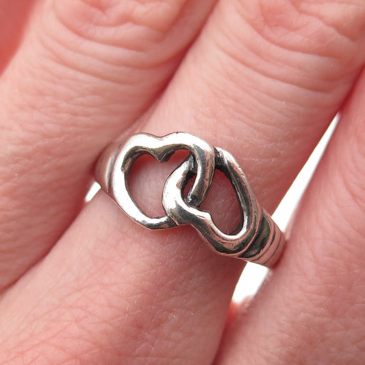 925 Sterling Silver Vintage Modernist Interlocked Heart Ring Size 7.75