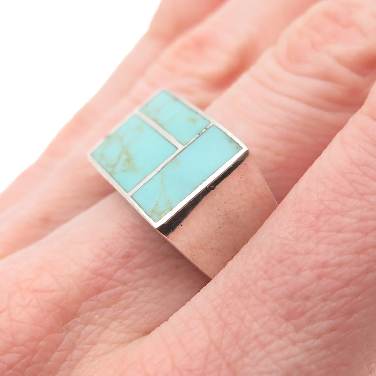 Chapal Zenray 925 Sterling Silver Vintage Real Tyrone Turquoise Ring Size 7.75
