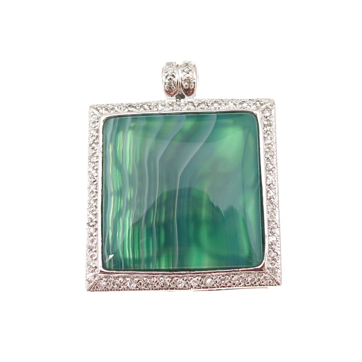 925 Sterling Silver Real Square-Cut Green Agate & Round-Cut C Z Pendant