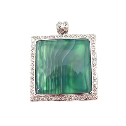 925 Sterling Silver Real Square-Cut Green Agate & Round-Cut C Z Pendant