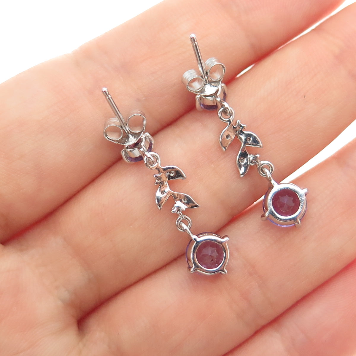 925 Sterling Silver Real Diamond & Amethyst Floral Leaf Dangle Earrings