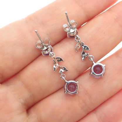 925 Sterling Silver Real Diamond & Amethyst Floral Leaf Dangle Earrings