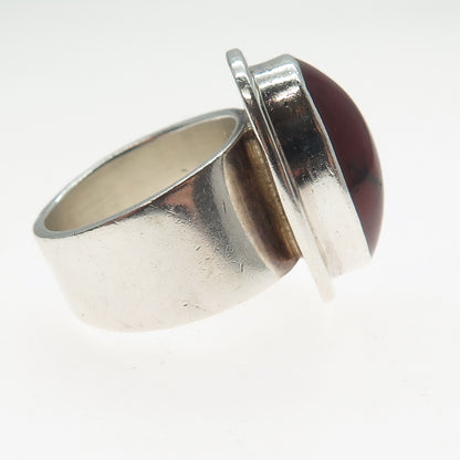 925 Sterling Silver Vintage Real Cabochon Red Jasper Modernist Ring Size 7.25