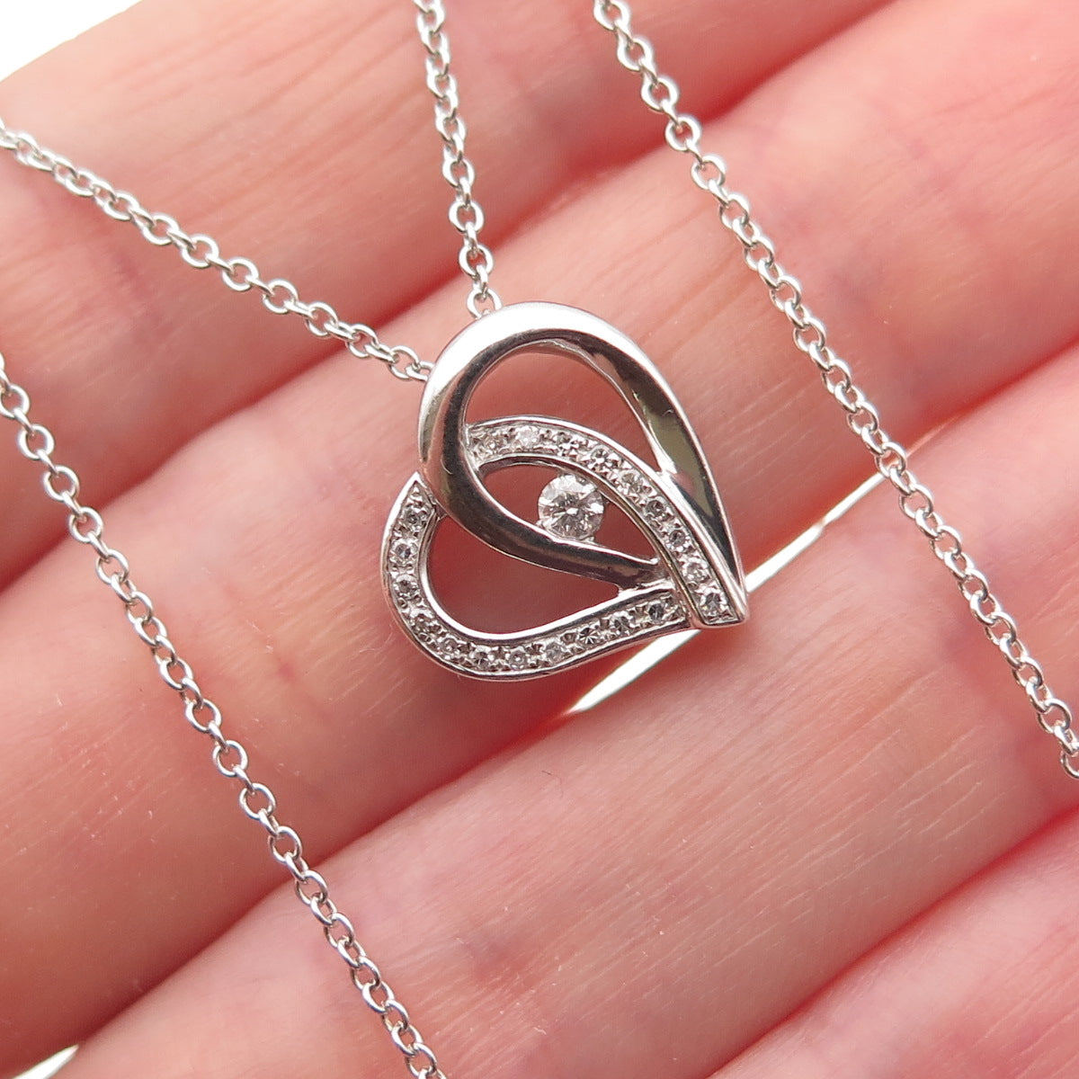 925 Sterling Silver Real Round-Cut Diamond Heart Cable Chain Necklace 18"