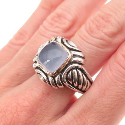 Samuel Benham Sterling Silver 14K Gold Vintage Real Chalcedony Ring Size 8.25