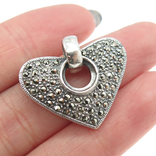 925 Sterling Silver Vintage Real Marcasite Modernist Heart Pendant