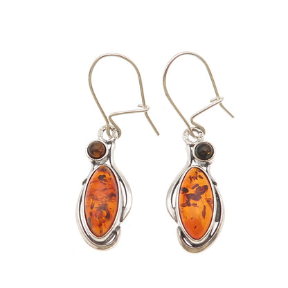 925 Sterling Silver Vintage Real Amber Modernist Dangle Earrings